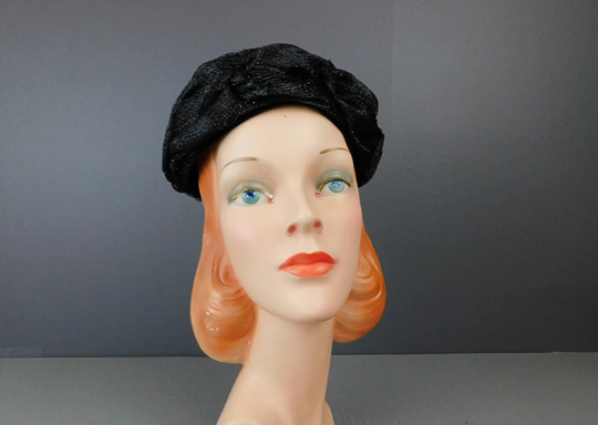 Vintage Black Straw Raffia & Mesh Hat 1960S, 22 Inch Head