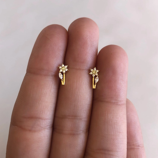 Tiny Daisy Cz Stud Earrings, 18Kt Gold Vermeil, .925 Sterling Silver, Flower Stem Cute Dainty Minimalist Jewelry, Hypoallergenic