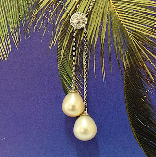 Beautiful Hawaiian Genuine Diamond 2 Pearl Necklace, 14Kt Solid White-Gold White & Pink N5130 Birthday Mom Gift