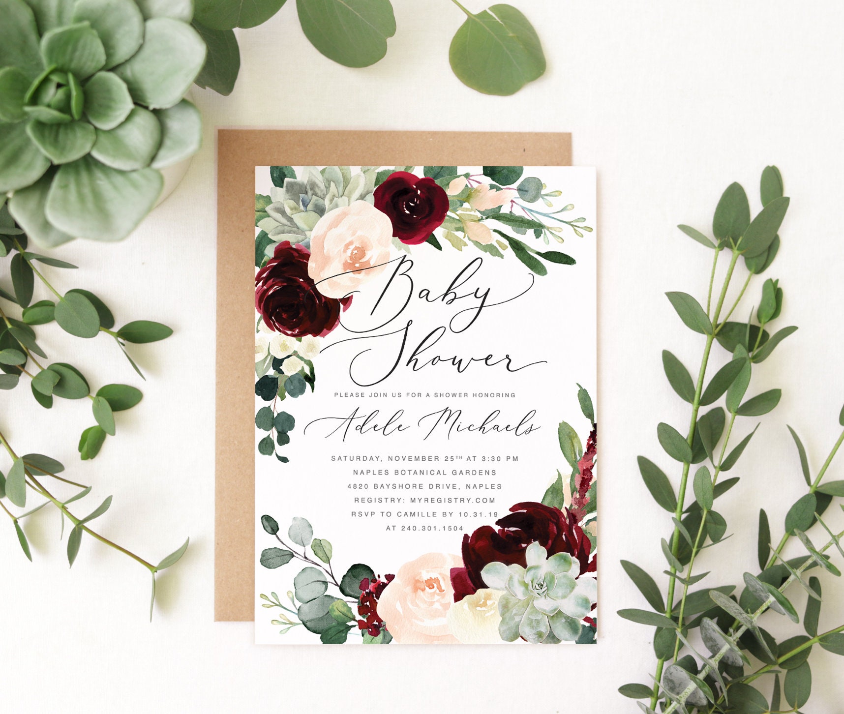 Succulent Baby Shower Invite Girl, Boho Invitation, Burgundy & Blush Invite, Succulents Florals & Greenery - Adele