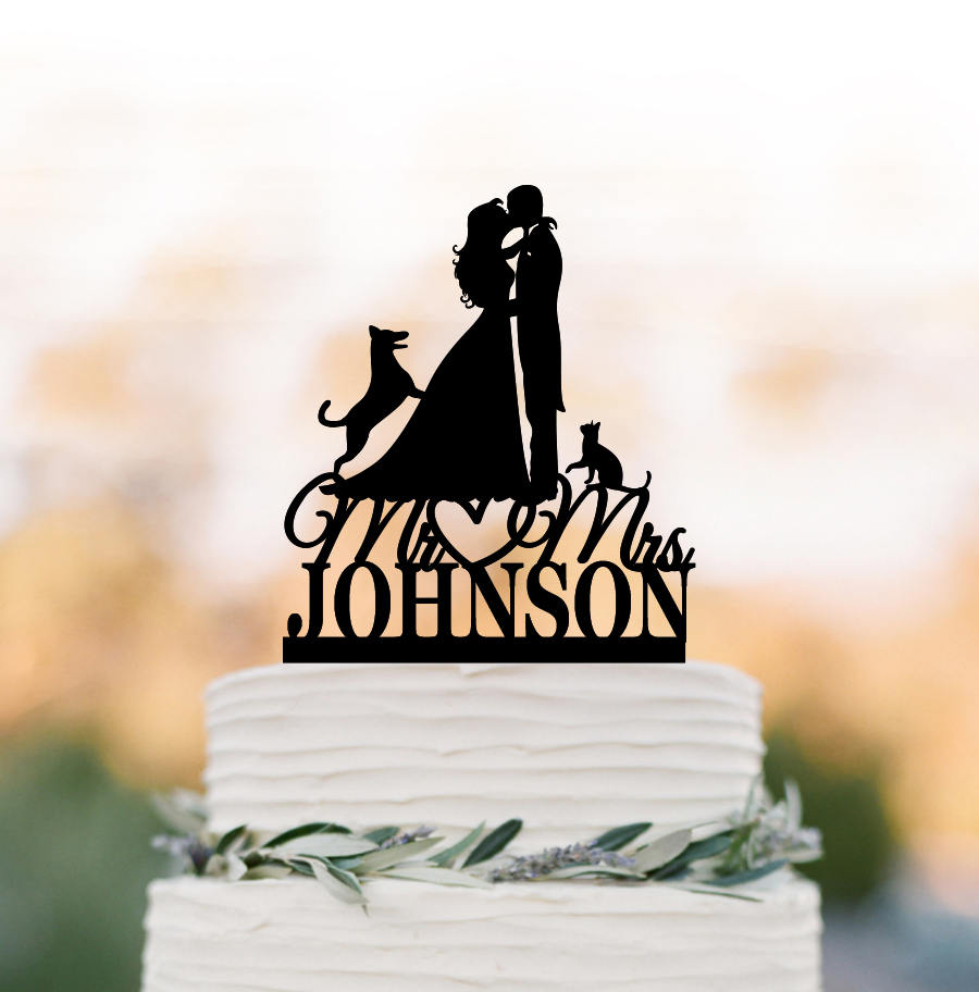 Customized Wedding Cake Topper With Cat & German Shepherd Dog, Bride Groom Silhouette Unique Funny Wedding Cake Figurine