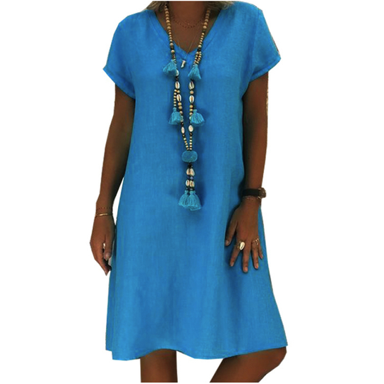 2022 Solid color short sleeve V-neck A-Slim dress cotton blend - BLUE, L
