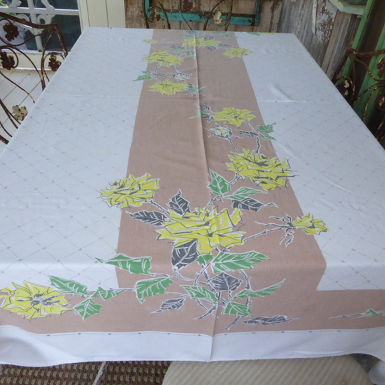 Vintage Medium Weight Cotton Blend Tablecloth W/Mocha Bands Yellow Roses On White 63"x 52" Mc