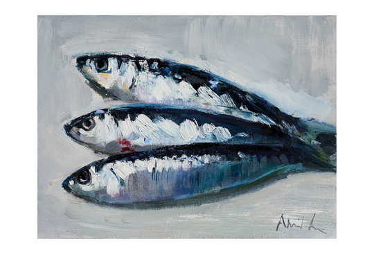 Three Sardines Original Oil Painting Paintings Food Seafood Small Little Still Life Sardine Anchovy Fish Fishy Impressionist Kitchen Realism