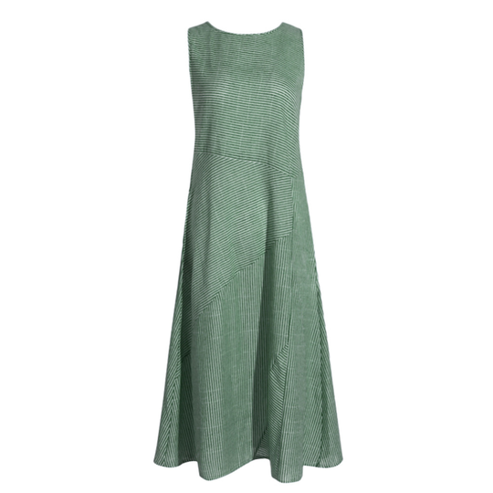 Lightweight Striped Midi Dresses in Linen Blend, S-2X - Green, S