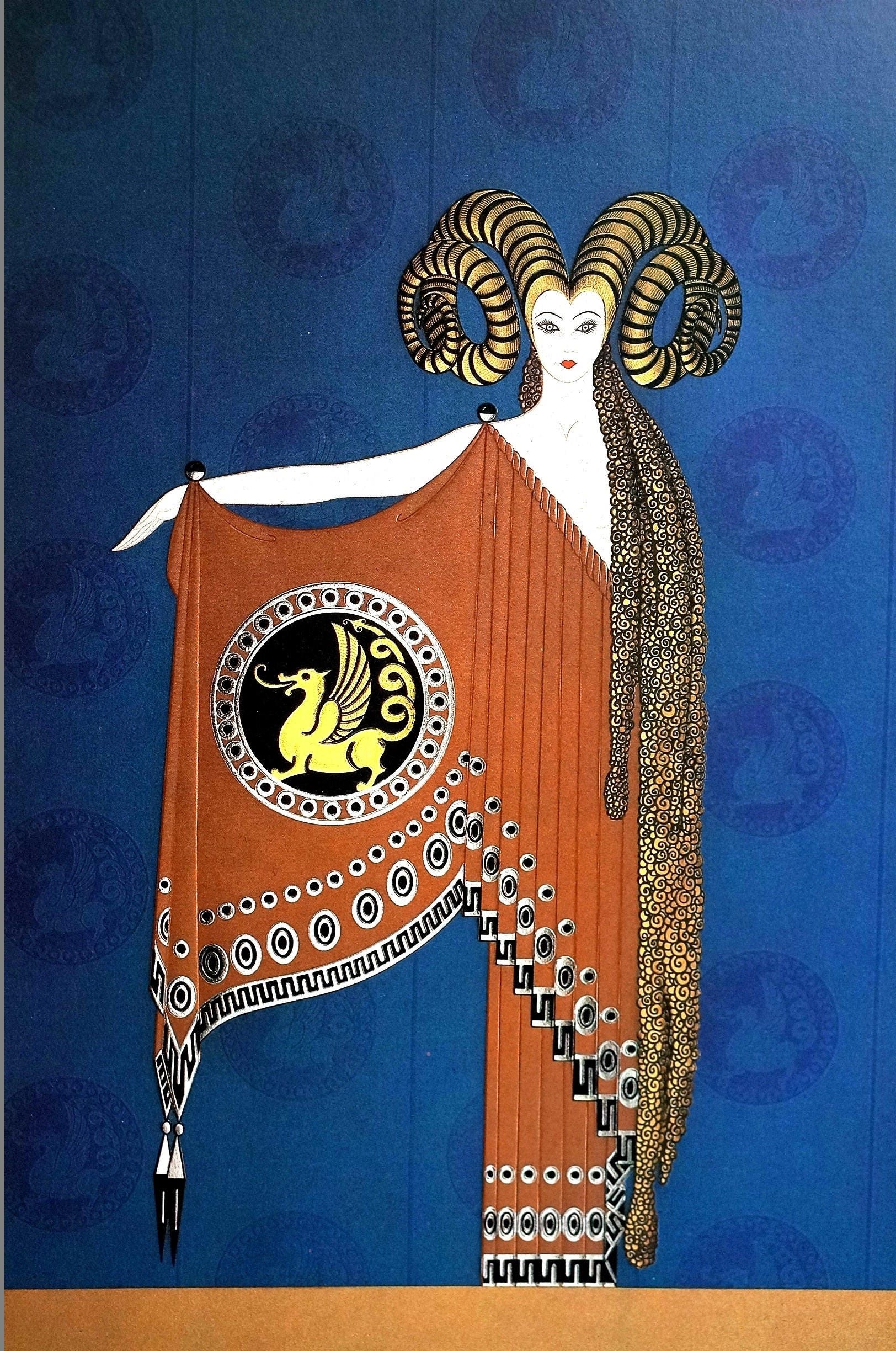 Erte Matted Print 1987 Golden Fleece Long Haired Goat Sheep Ram Horns Professionally Art Deco Fashion Ready To Frame Wall