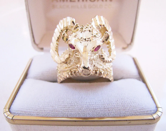 Solid 14K Gold Ram Ring With Ruby Cz Eyes, Size 10.25