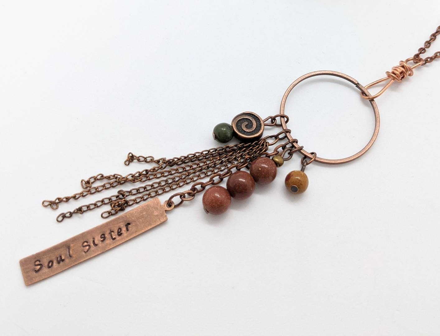 Long Boho Necklace, Personalized Copper Aqua Blue Stone, Extra Womens Ladies Bohemian Style, Engraved Gift For Mom