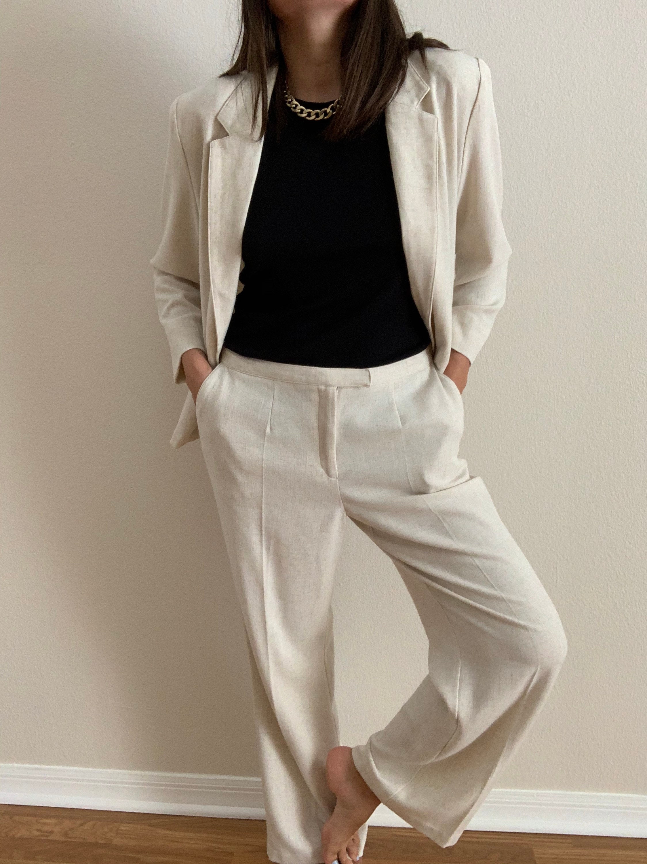 Vintage Linen Rayon Blend Neutral Stretch Blazer & Pants