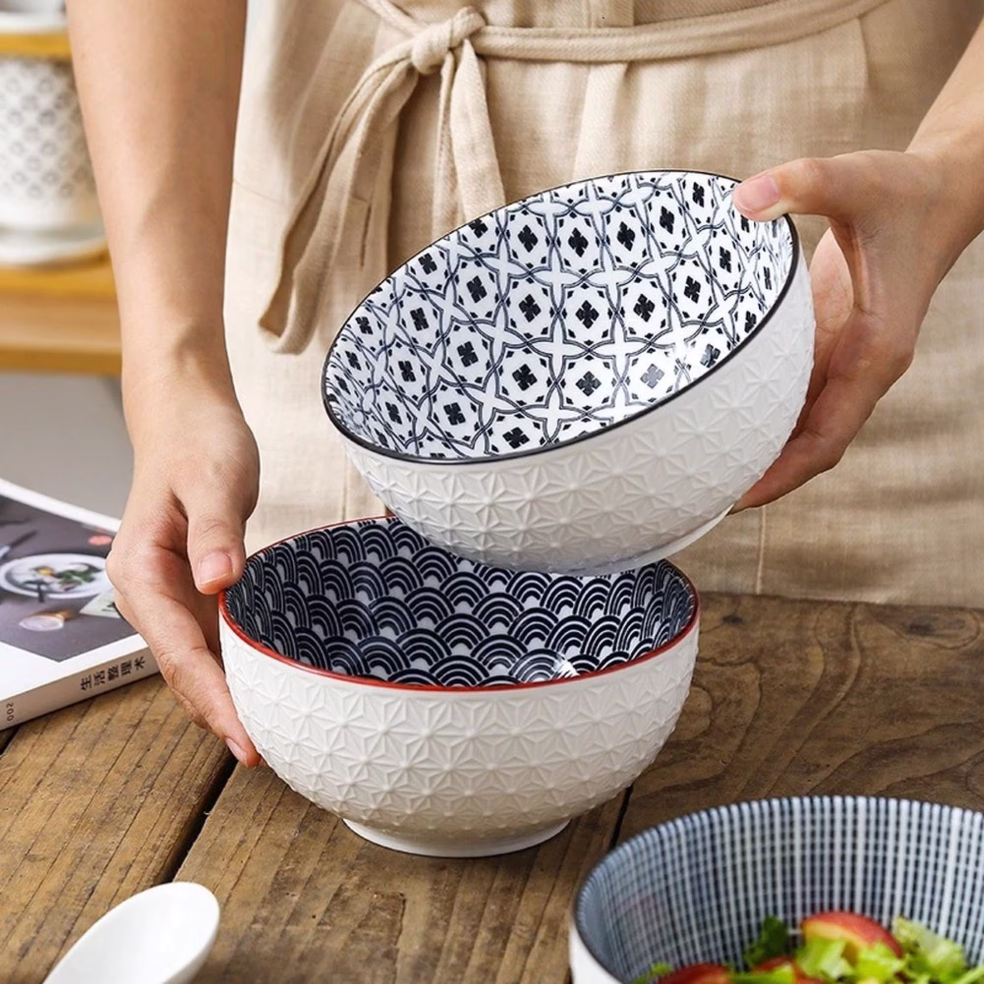 Embossed Underglazed Big Bowl, 6 Inch Handmade Large Ramen Soup Fruit Salad Bowl - 33 Oz
