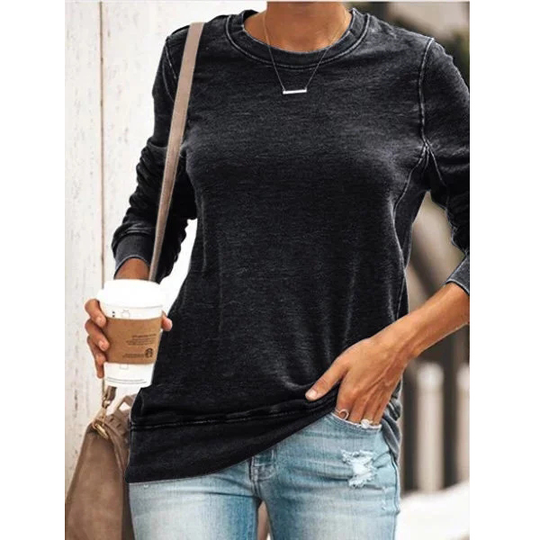 Round Neck Long Sleeve Casual Cotton-Blend Shirts & Tops - Black, M