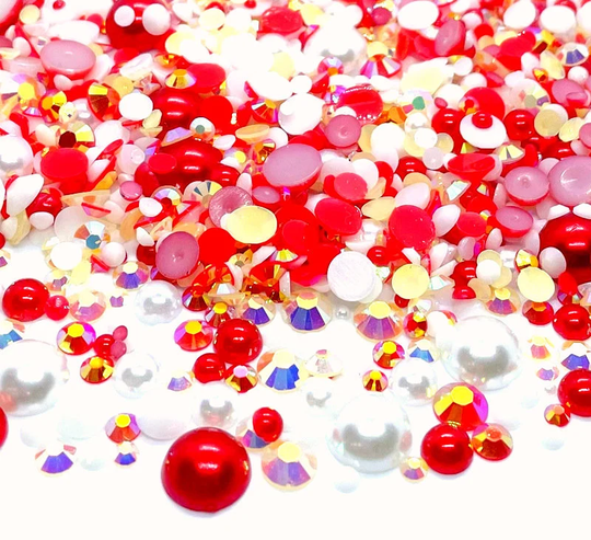 Apple Pie Blend Rhinestone Mix 2mm-10mm Flatback Jelly Resin | Faux Pearls Rhinestones Mixed Sizes, Red White Cream