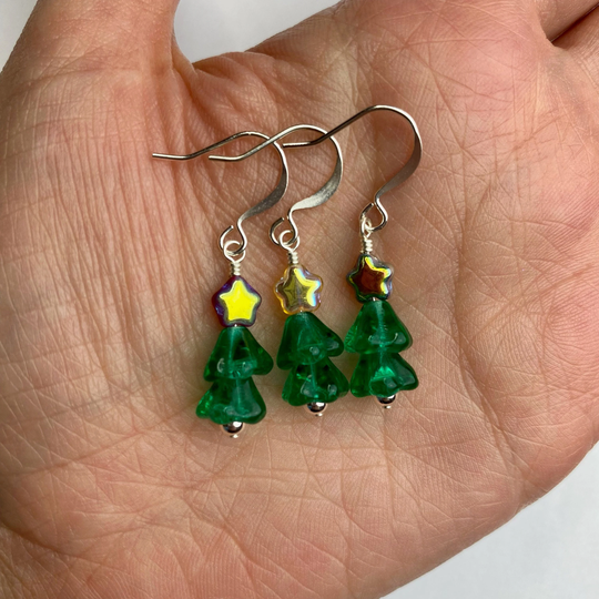 Cute Little Christmas Tree + Iridescent Stars Earrings | Festive Czech Glass Holiday Jewelry, Drop Earring Silver Tone Finishes