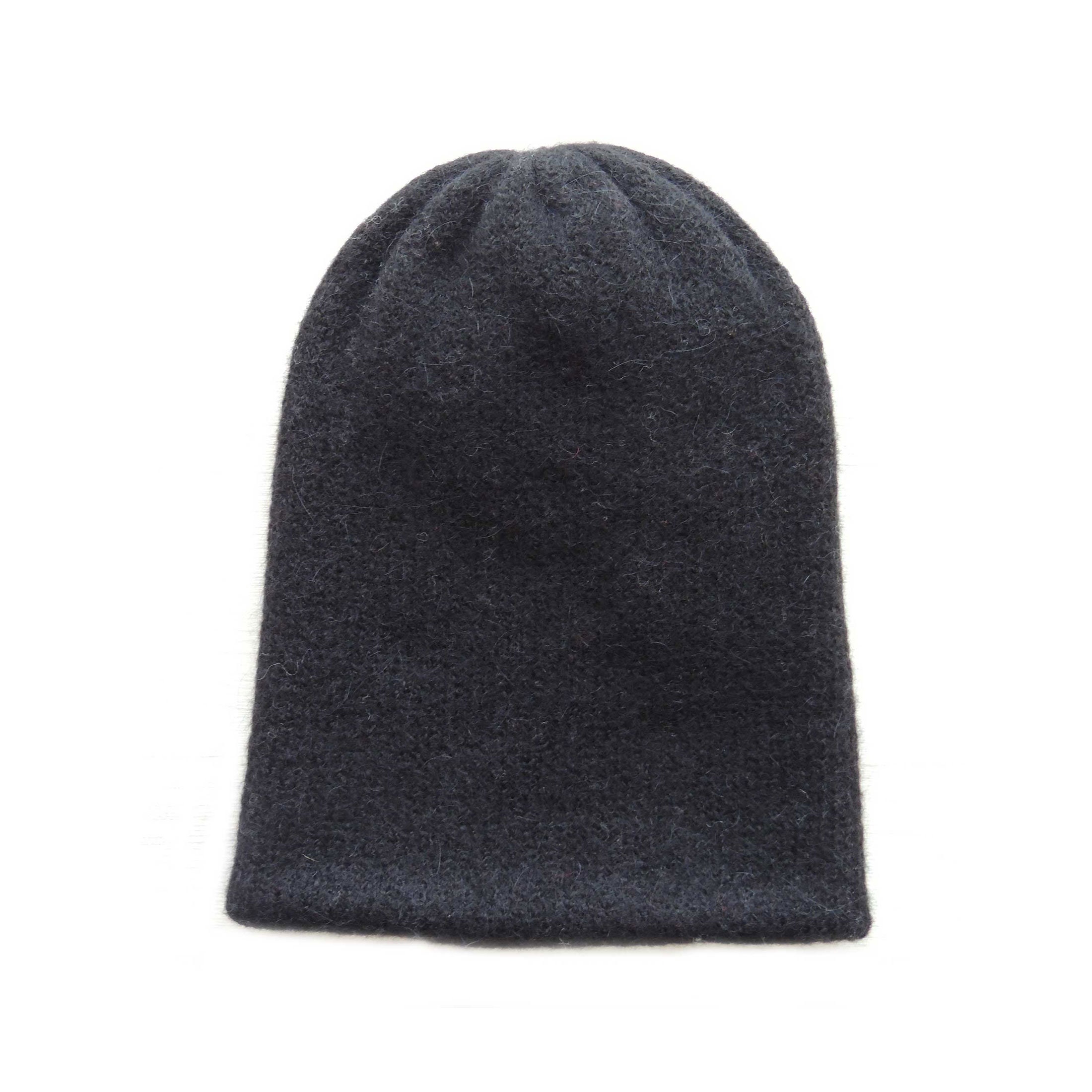 Beanie Hat Felted Alpaca Blend Black Double Knitted, Also To Wear As A Short Scarf