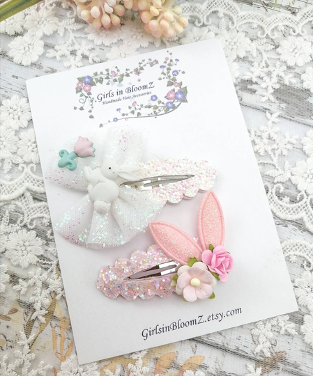 Easter Bunny Hair Bows-Snap Clips Set-Small Clips-Carrot Snap Clips-Fringe Clips-Easter