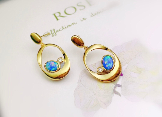 18K Gold Australian Natural Crystal Opal Earrings Wedding Diamonds Gem Jewelry