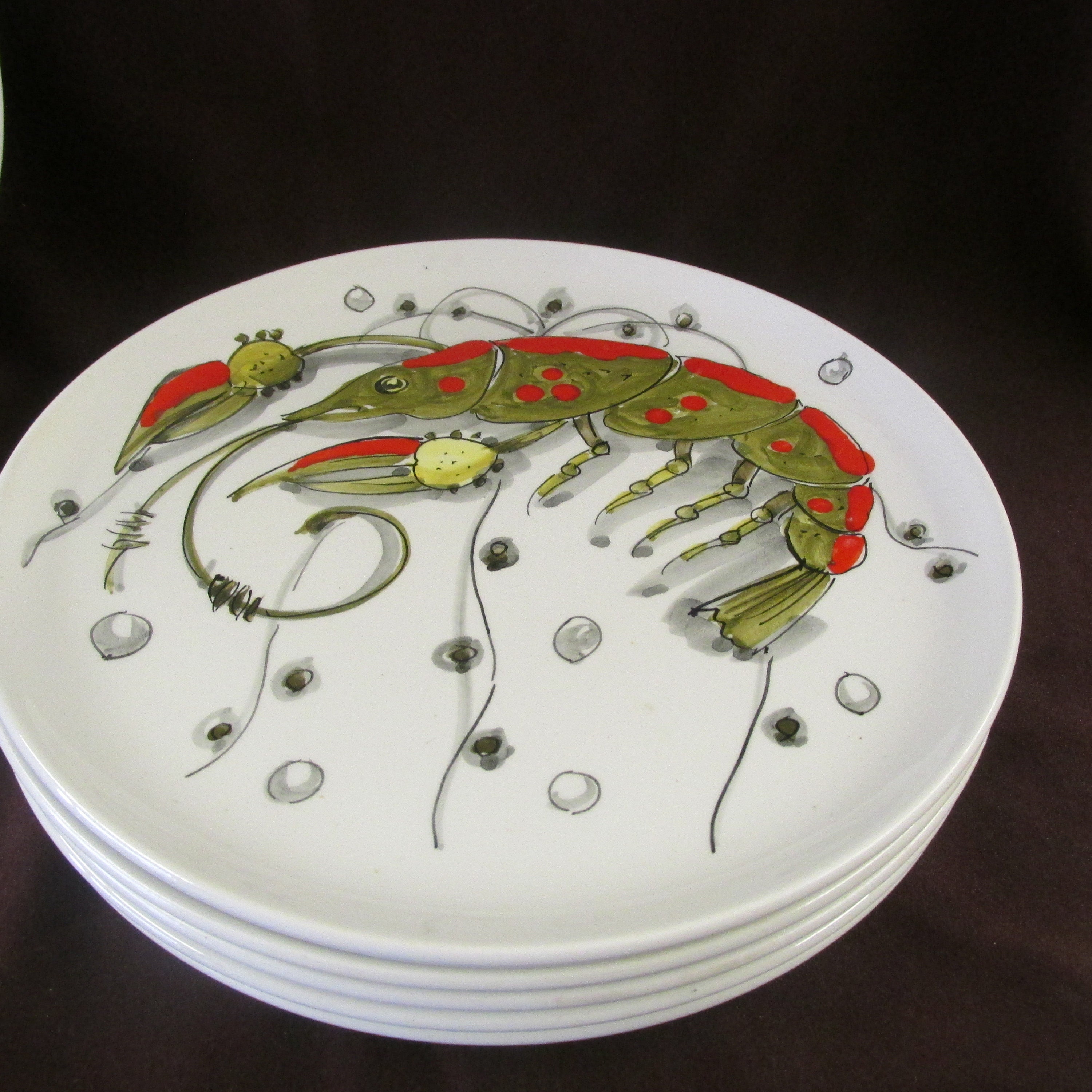7 Piece Seafood Serving Set, Mancioli, B. Altman, Platter & 6 Plates Hand Painted, Vintage, Unique, Antique