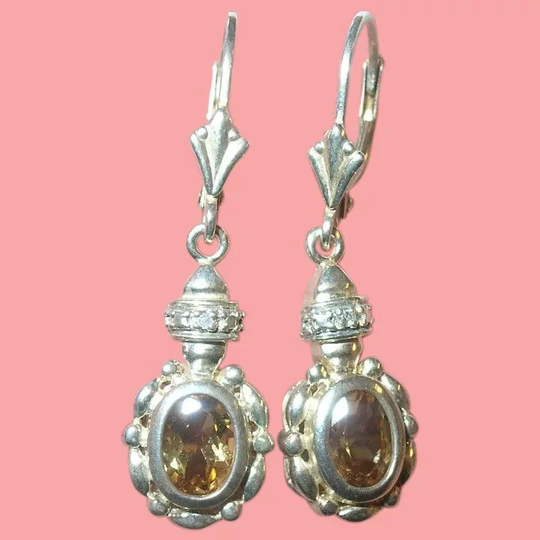 Vintage Sterling Citrine White Diamond Earrings