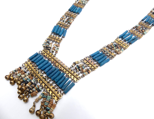 Vintage Egyptian Revival Brass W Faux Turquoise Faience Tube Necklace