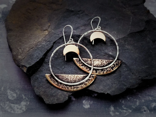 Silver & Brass Crescent Moon Hoop Earrings, Big Mixed Metal Celestial Witchy Phase Jewelry, Chunky Statement Earrings