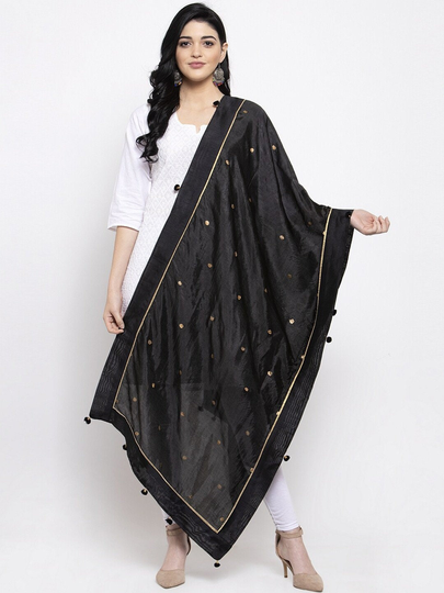 Women's Silk Blend Black & Gold Polka Dot Printed Dupatta Free Shipping
