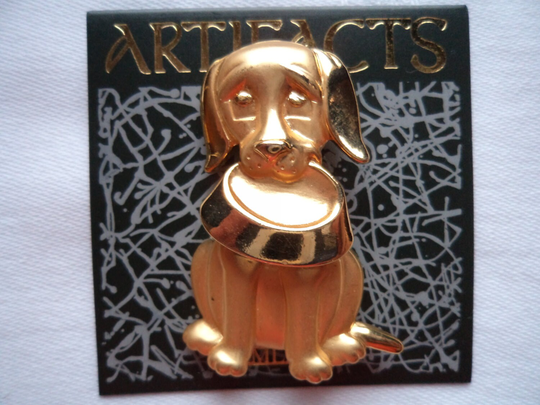 Vintage Signed Jj Goldtone " Please Feed Me" Dog With Bowl Brooch/Pin