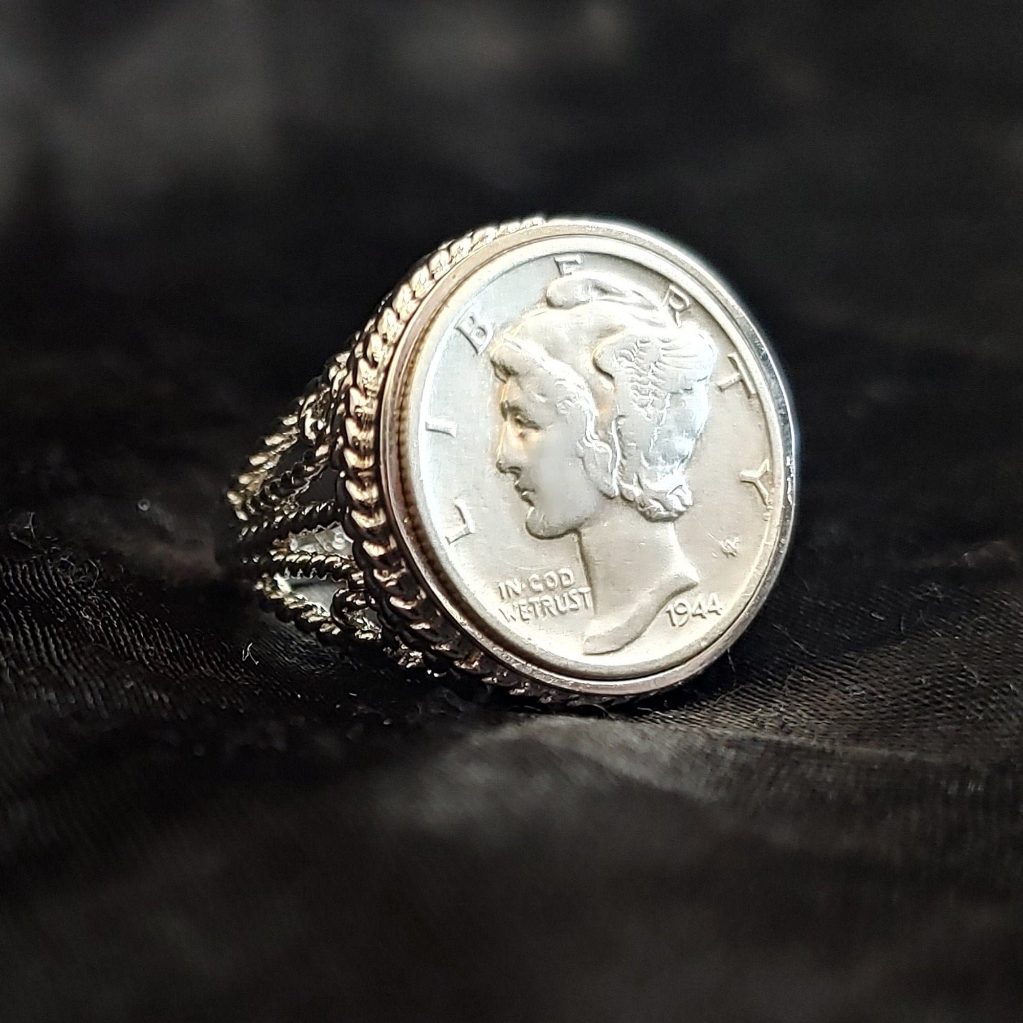 Stunning 1944 Us Mercury Dime in Ring, Sterling Silver Size 8, Workshop Made Band