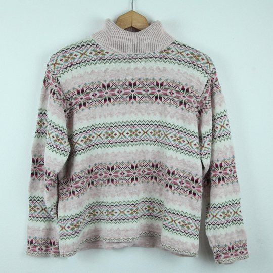 Vintage 90S Ramie Cotton Blend Fair Isle Turtleneck Sweater Pink Stripe Ski M Cottage