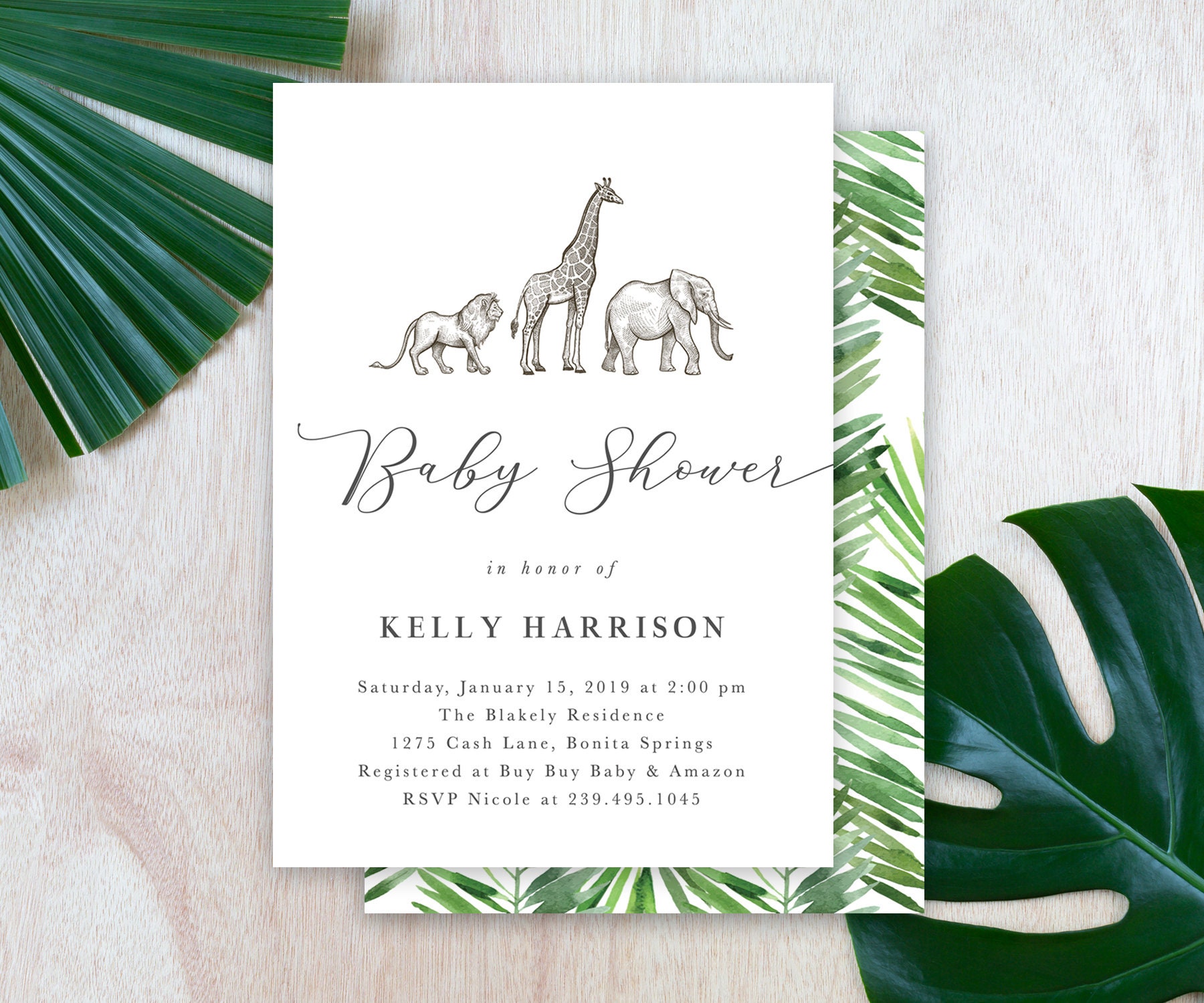 Safari Baby Shower Invitation, Gender Neutral Invite, Modern Elephant, Lion & Giraffe Invitation - Harrison