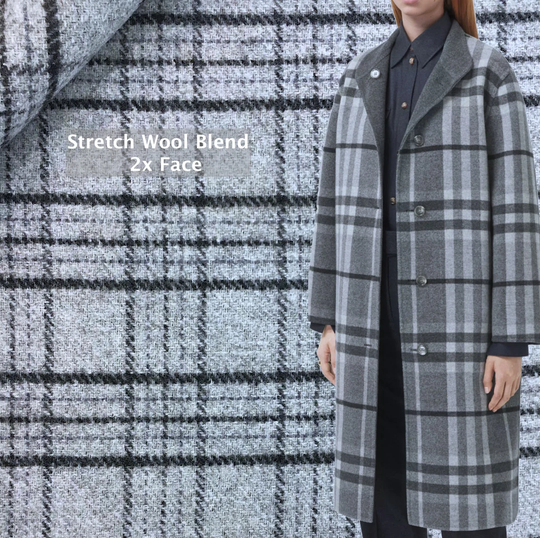 Wool Blend Coating Fabric, Grey Stretch Plaid, Woven Double Face Tartan Check, Made in Italy, For Coat, Blazer, Vest, Jacket, By 2.5 Meter