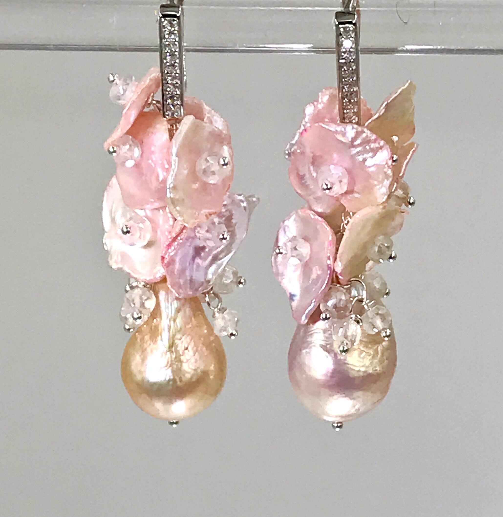 Pink Pearl Earrings, Cluster Earring, Wedding Sterling Silver, Earrings Lever Back, Mother in Law Gift For Her