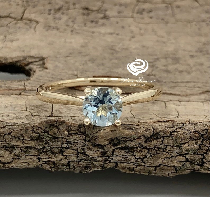 Round Aquamarine Engagement Ring in 14K Yellow Gold, Ring, Solitaire, Cut