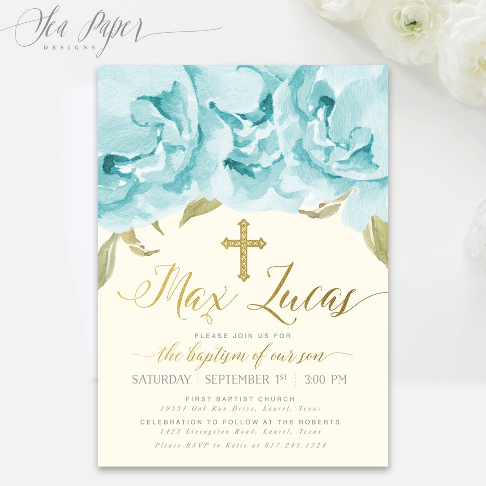 Baptism Invitation Boy, Christening First Communion, Dedication Invitation Blue Flowers, Gold, Shabby Chic Henley