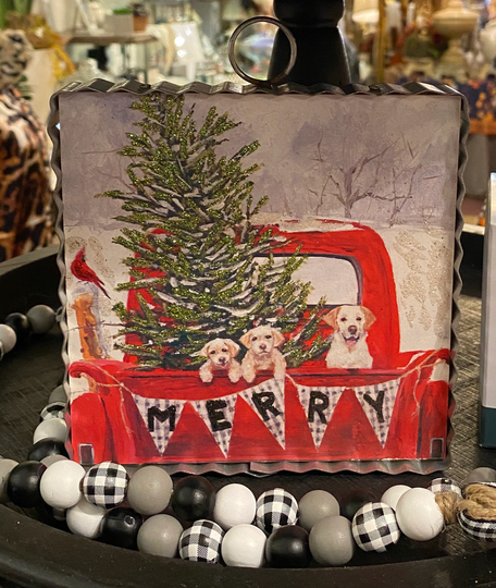 Farmhouse Red Truck & Pups Mini Christmas Tree With Galvanized Frame