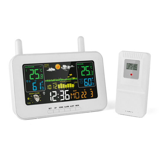 Wireless Color Screen With Air Pressure Radio Clock Indoor And Outdoor Temperature And Humidity LCD Electronic Alarm Clock - white, eu plug