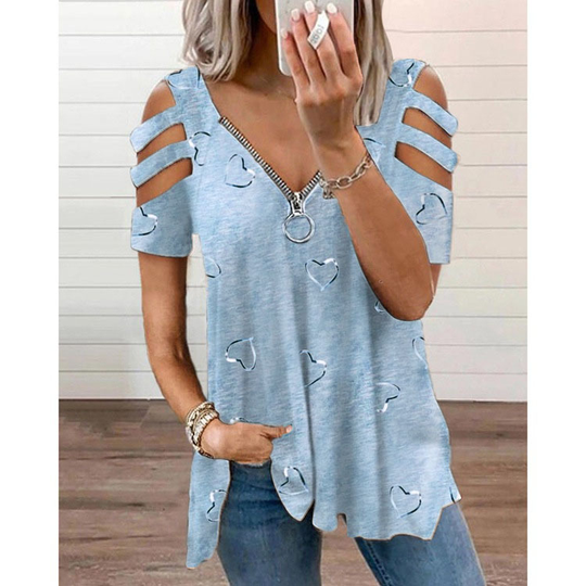 Casual Loosen V Neck Cotton Blend Geometric T-shirt - Blue, 4XL