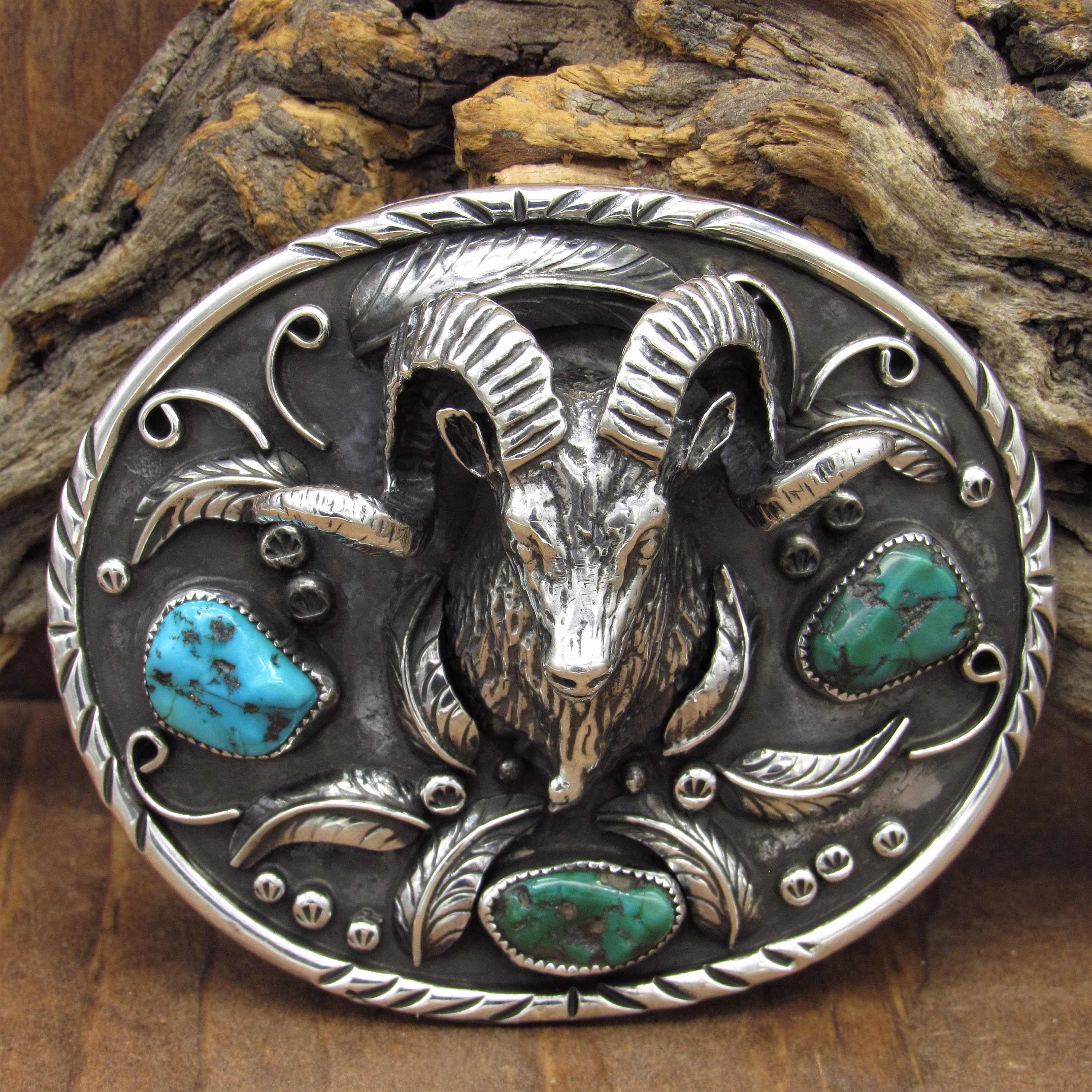 Southwest Sterling Silver & Turquoise Cast Ram Head Belt Buckle