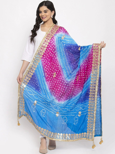 Women's Silk Blend Blue & Magenta Dyed Dupatta Bandhani Technique, Gotta Patti Free Shipping