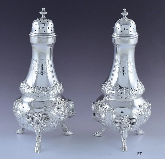 1890S Durgin Sterling Silver Ram's Head Hoof Foot Salt/Pepper Shakers