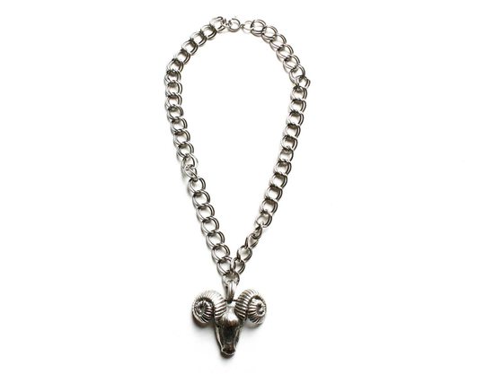 Vintage Silver Tone Necklace With Ram Head Pendant On Chunky Chain