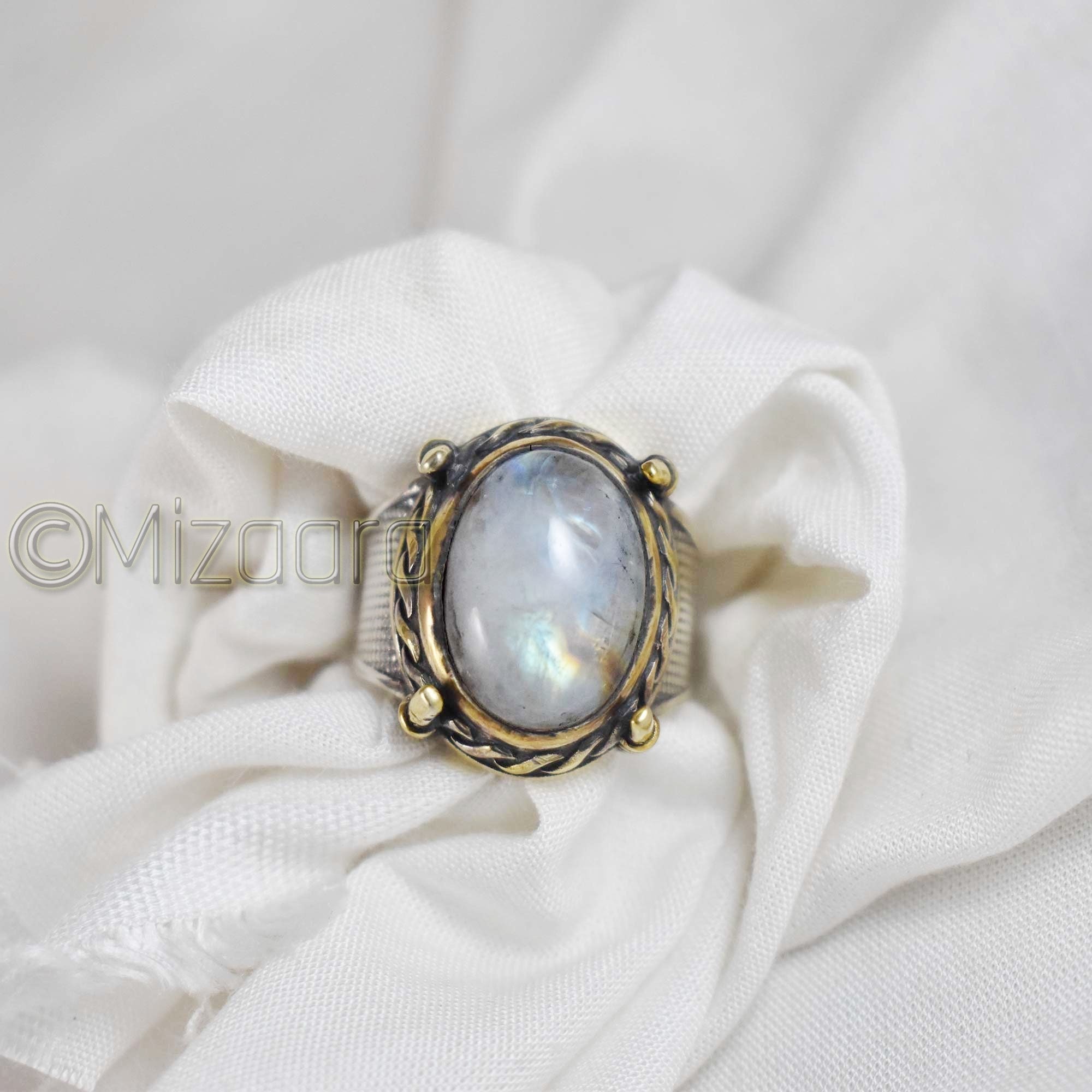 925 Sterling Silver Ring, Blue Fire Moonstone Ottoman Rainbow Gemstone Ring, Signet Boys Mens Wedding Ring