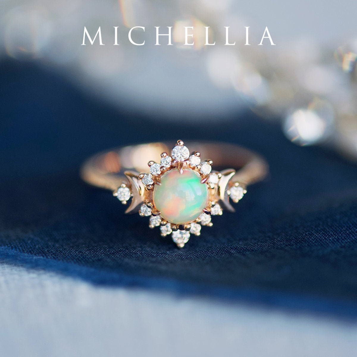 Selene Australian Opal Engagement Ring, Crescent Moon Goddess Of My Life, Sun & Stars, Celestial Wedding, 14K 18K Gold