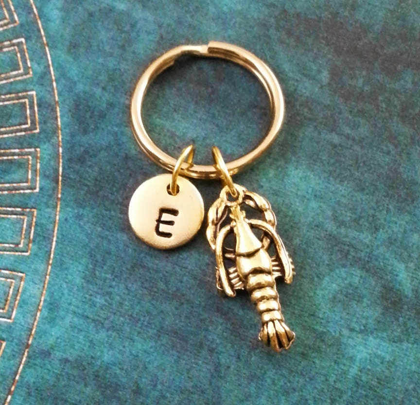 Lobster Keychain Small Gold Keyring Seafood Sea Ocean Pendant Initial Monogram
