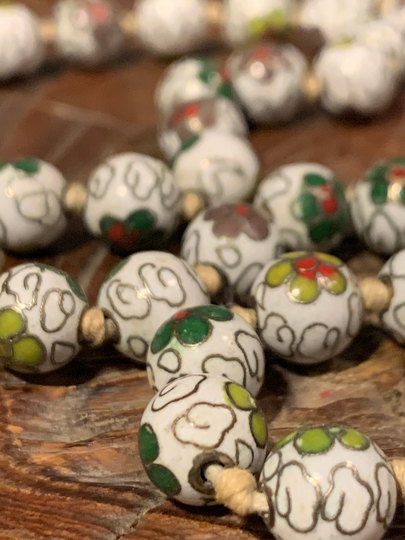 Vintage Chinese Porcelain Hand Painted Beads & Silk Knotted Necklace. Matching Braclet/Bangle