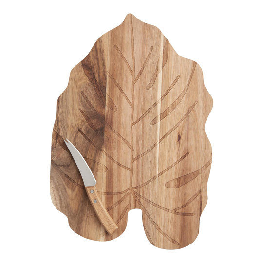 Wood Monstera Leaf Serving Board and Knife 2 Piece Set: Brown by World Market