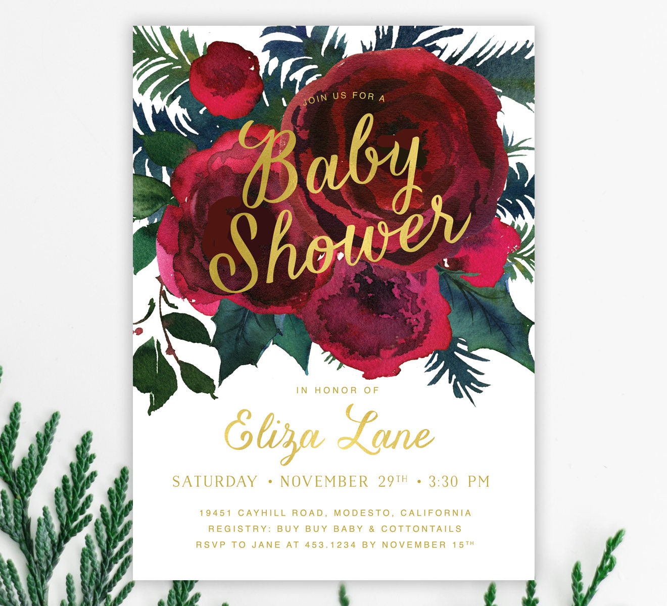 Christmas Baby Shower Invitation, Holiday Invite, Red Crimson Rose Floral Greenery, Holly Spruce, 33