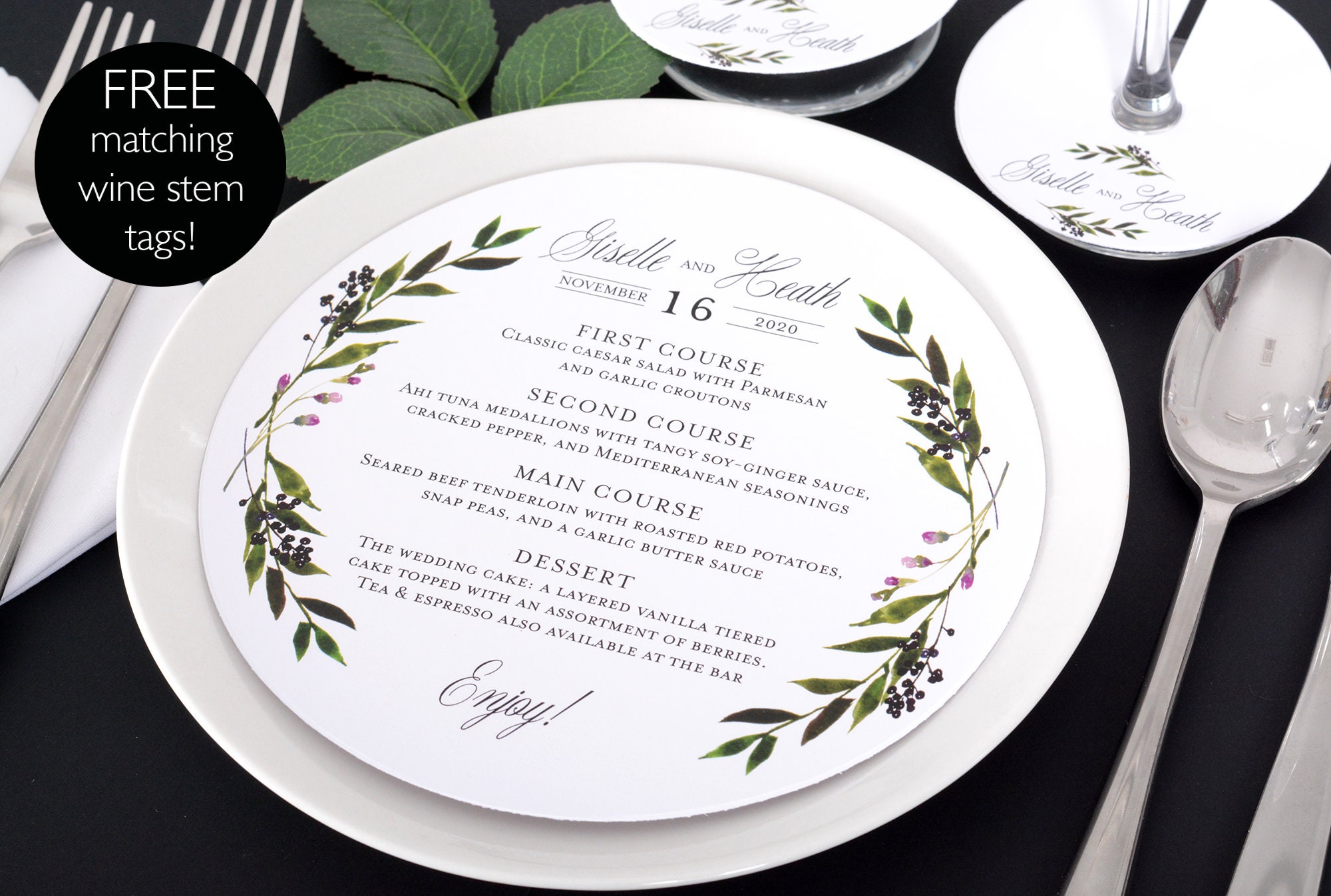 Round Wedding Menus - Plate Free Matching Wine Stem Tags 6.5 Greenery Menu Dinner #wdim-337