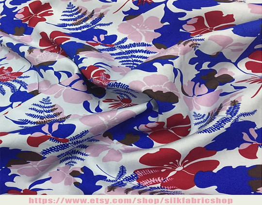 Floral Print White Silk Cotton Blend Fabric Width 42 Inch