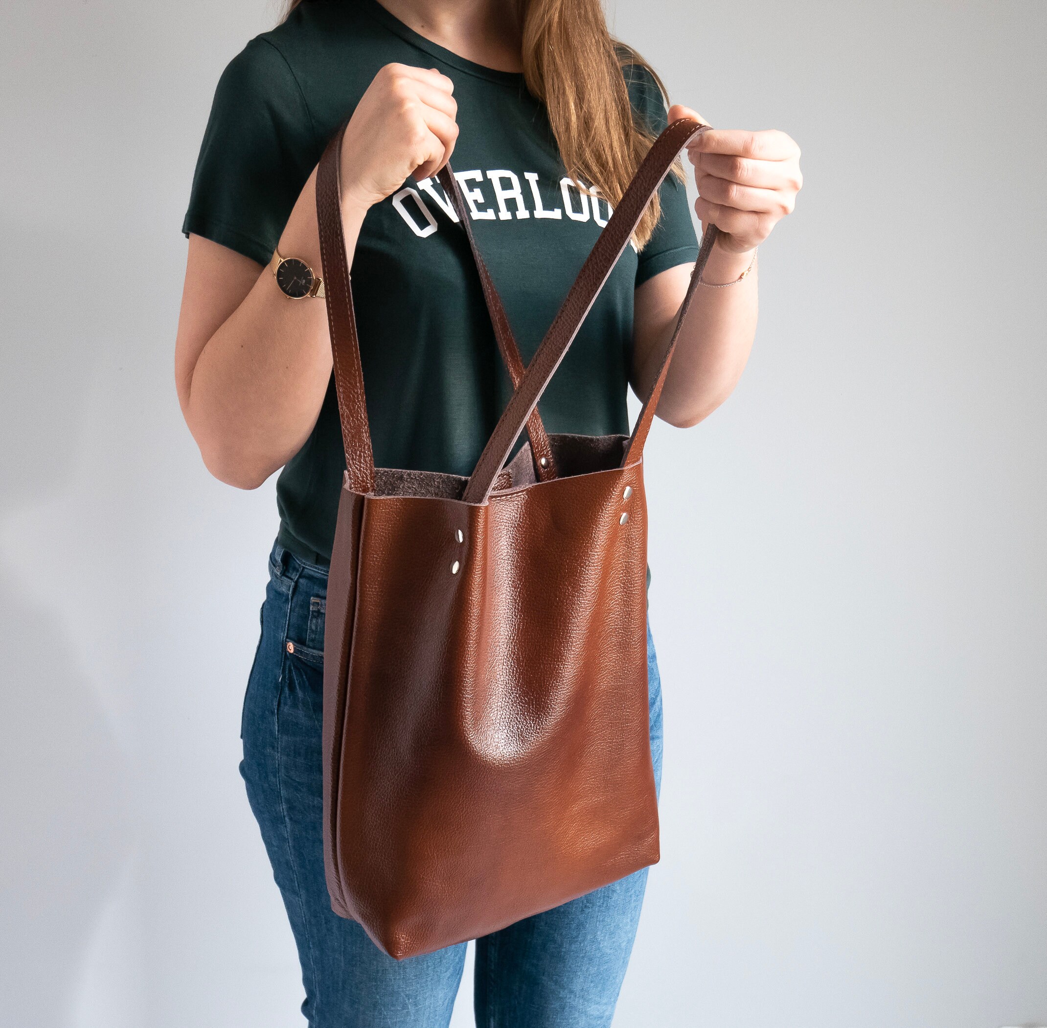 Cognac Leather Tote Bag - Brown Leather Purse Natural Book Womens Tote Bag Handbag Shoulder Qa