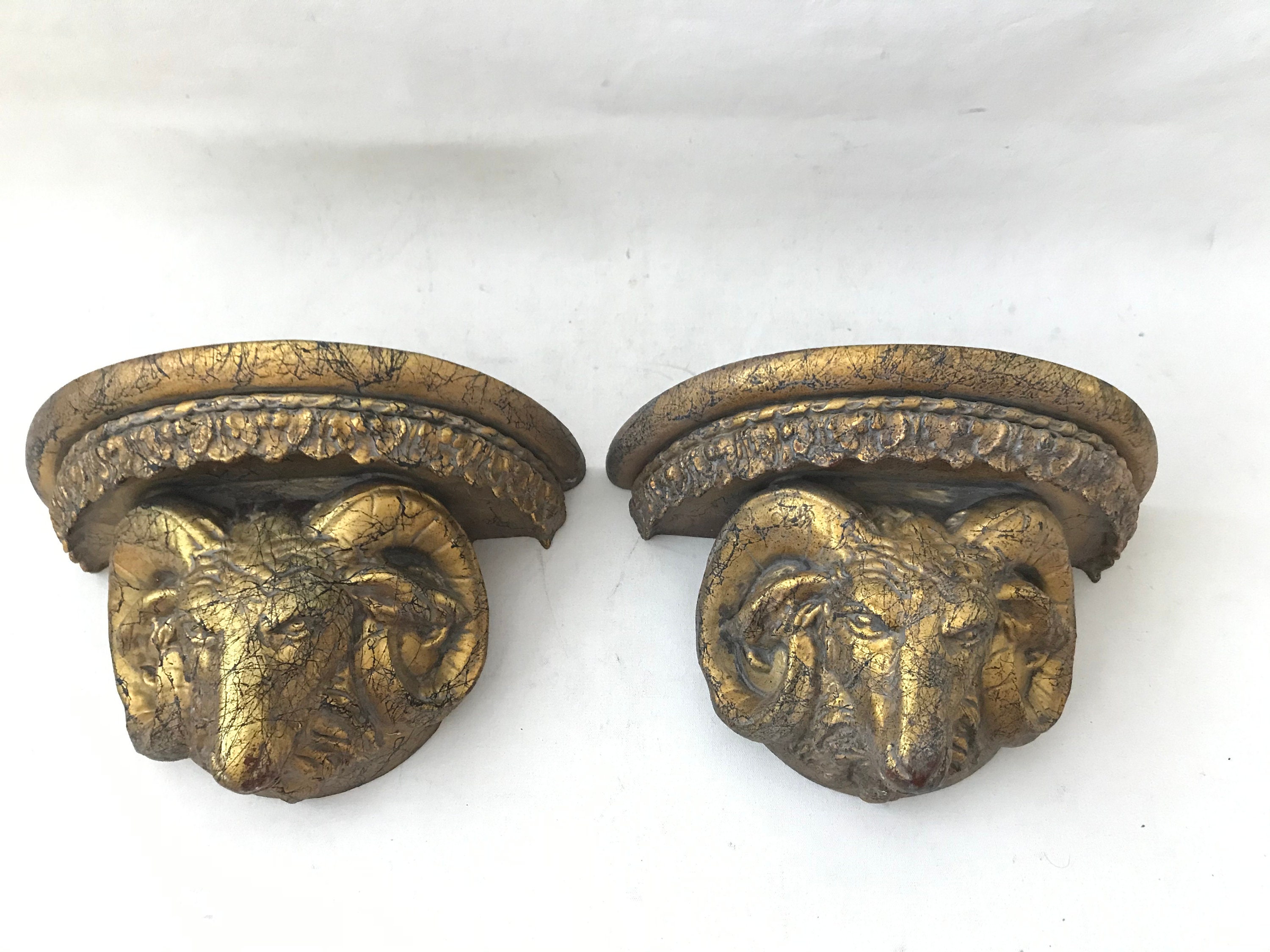 Vintage Mid Century Hollywood Regency Gold Ram Head Wall Brackets Accent Shelves